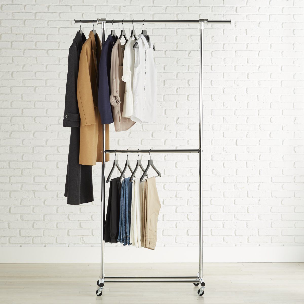 Double Hang Chrome Garment Rack | The Container Store Throughout Chrome Garment Wardrobes (Gallery 4 of 20)