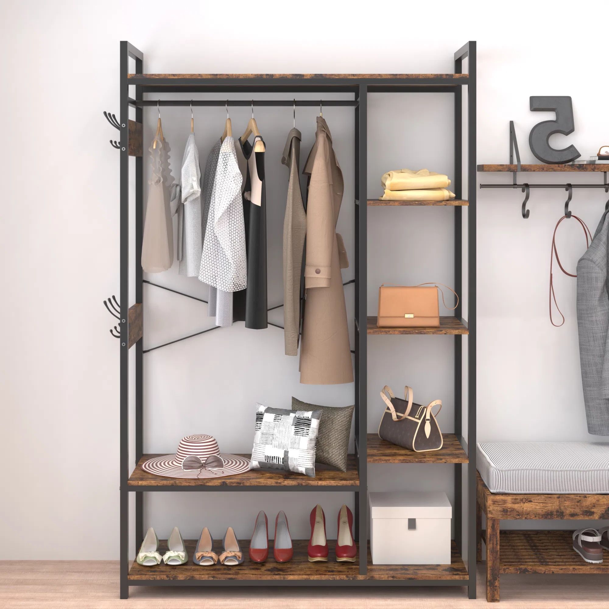 Dropship Free Standing Closet Organizer With Storage Box & Side Hook;  Portable Garment Rack With 6 Shelves And Hanging Rod; Black Metal  Frame&rustic Board Finish; Hanging Closet Shelves (rustic Brown). To Sell  Online Pertaining To Wardrobes With Garment Rod (Gallery 12 of 20)