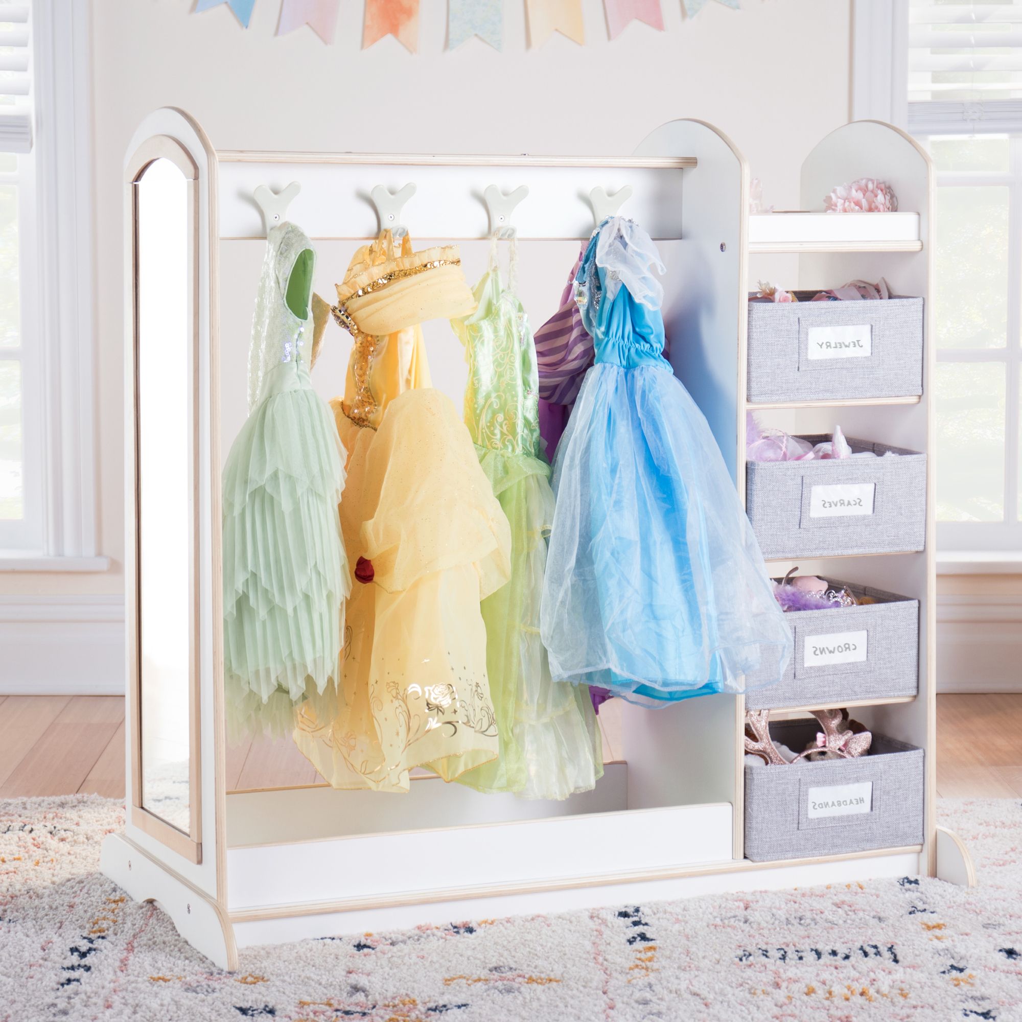 Edq Dress Up Storage With Bins  White – Guidecraft Kids' Furniture And Toys Throughout Kids Dress Up Wardrobes Closet (View 6 of 20)