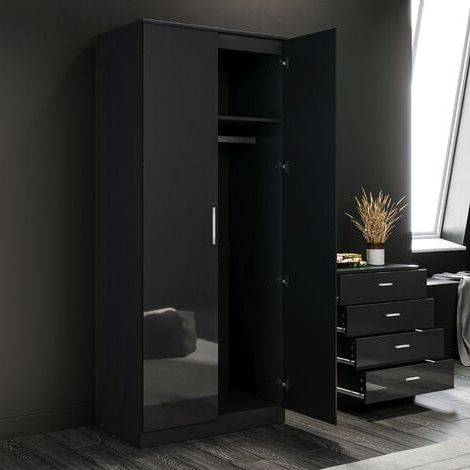 Elegant 2 Door Wardrobe, High Gloss (black) Aluminium Clothes Rail &  Storage Shelves Wooden Modern Bedroom Storage Furniture Within Cheap Black Gloss Wardrobes (View 3 of 20)