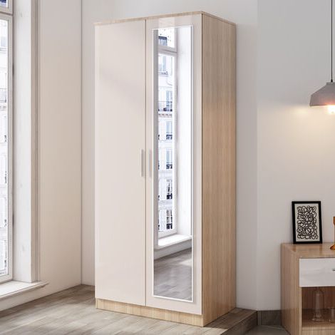 Elegant 2 Doors Wardrobe With Mirror, Soft Close Hinge Mirrored Wardrobe  Cabinet, High Gloss With Hanging Rod And Storage Shelves, Cream/oak Bedroom  Furniture With Regard To Cream Gloss Wardrobes (Gallery 14 of 20)