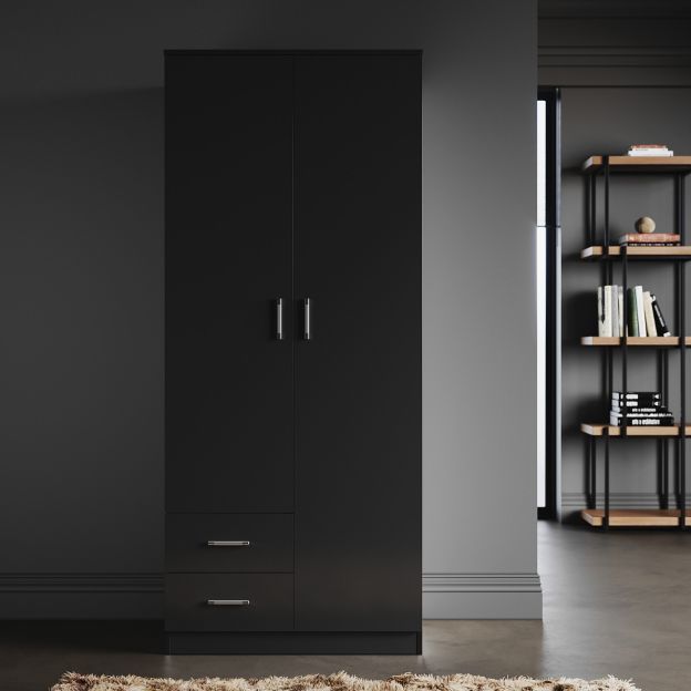 Elegant 2 Drawers 2 Doors Black Free Standing Wardrobe With Large Hanging  Space Pertaining To Large Black Wardrobes (View 2 of 20)