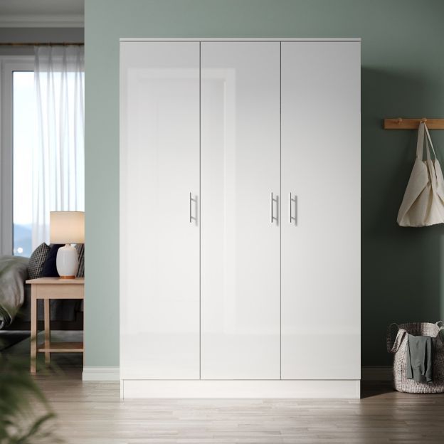 Elegant 3 Door Triple Wardrobe White Gloss With Hanging Rail & Shelves  Bedroom Furniture In White Gloss Wardrobes (View 14 of 20)