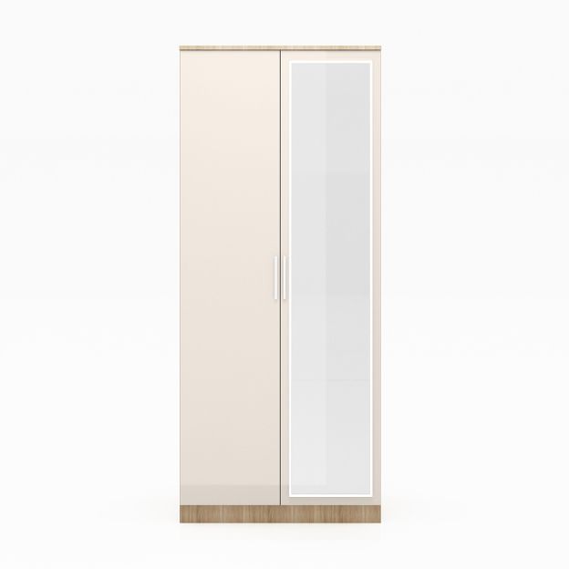 Elegant High Gloss Soft Close Cream And Oak Mirrored 2 Doors Wardrobe Throughout Cream Gloss Wardrobes Doors (View 8 of 20)