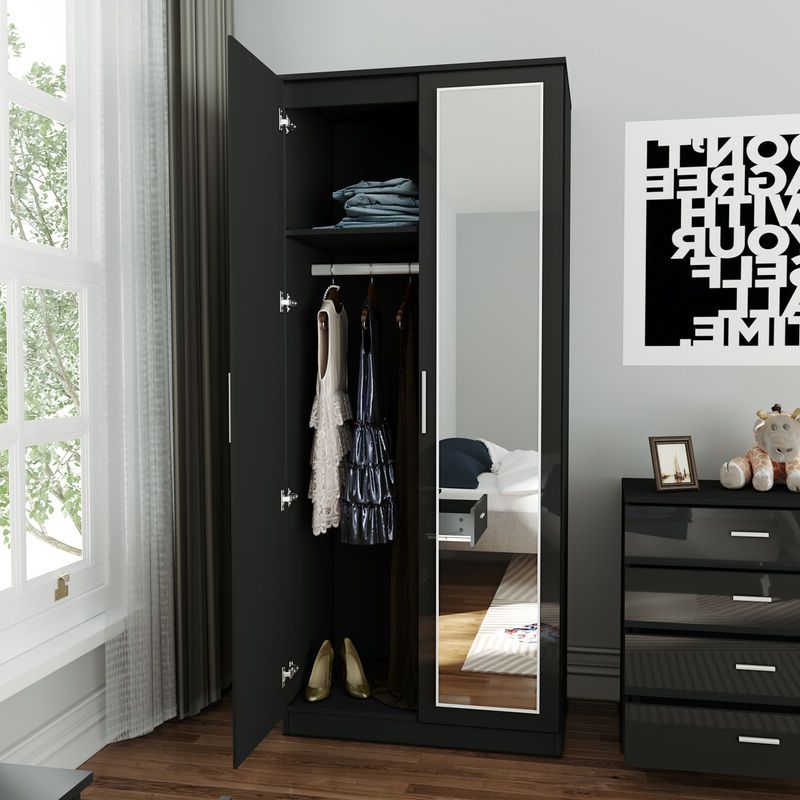 Elegant High Gloss Wardrobe With Mirror, Soft Close Hinge Mirrored Wardrobe  Cabinet, 2 Doors Black Wardrobe Set Bedroom Furniture With Hanging Rod And  Storage Shelves Pertaining To Black Wardrobes (View 16 of 20)