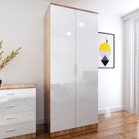 Elegant Modern High Gloss Soft Close 2 Doors Wardrobe With Metal Handles  Includes A Removable Hanging Rod And Storage Shelves, White/oak Intended For White High Gloss Sliding Wardrobes (Gallery 17 of 17)