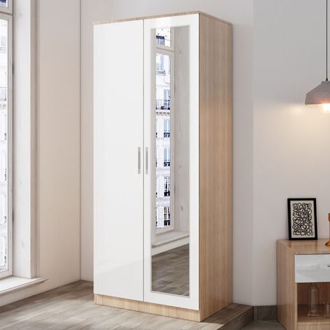 Elegant Modern Soft Close 2 Doors Wardrobe With Mirror And Metal Handles  Includes A Removable Hanging Rod And Storage Shelves, White/oak In Double Wardrobes With Mirror (Gallery 17 of 20)