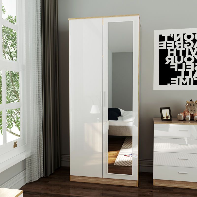 Elegant Soft Close 2 Doors Wardrobe With Mirror And Metal Handles Includes  A Removable Hanging Rod And Storage Shelves High Gloss, White/oak For Oak Wardrobes With Drawers And Shelves (View 17 of 20)