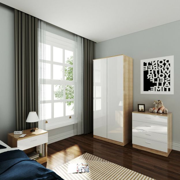 Elegant White & Oak Effect 3 Piece 2 Door Wardrobe Bedroom Furniture Set With Regard To White Gloss Wardrobes Sets (View 15 of 20)