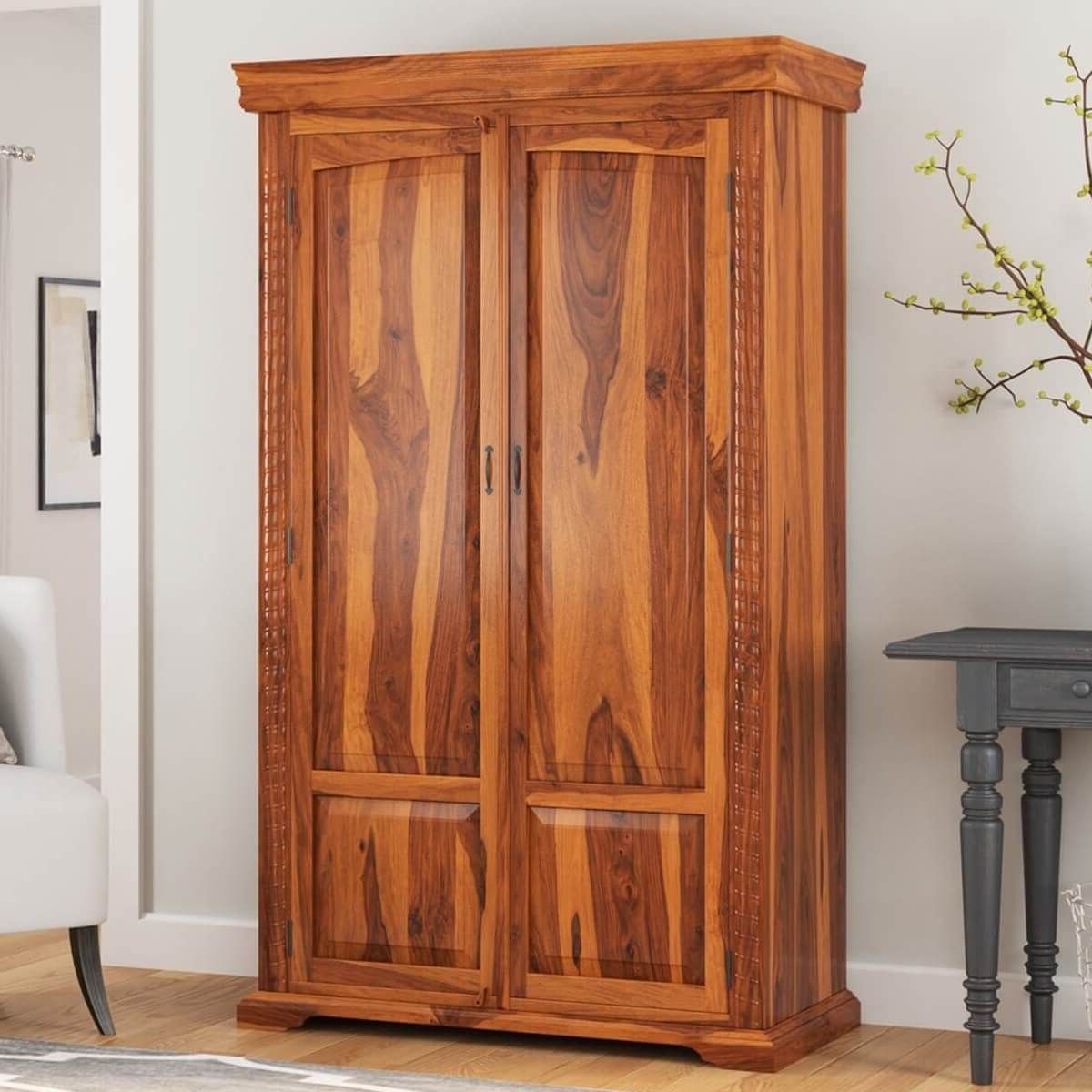 Empire Bedroom Transitional Solid Wood Large Armoire Wardrobe With Shelves In Large Wooden Wardrobes (View 6 of 20)