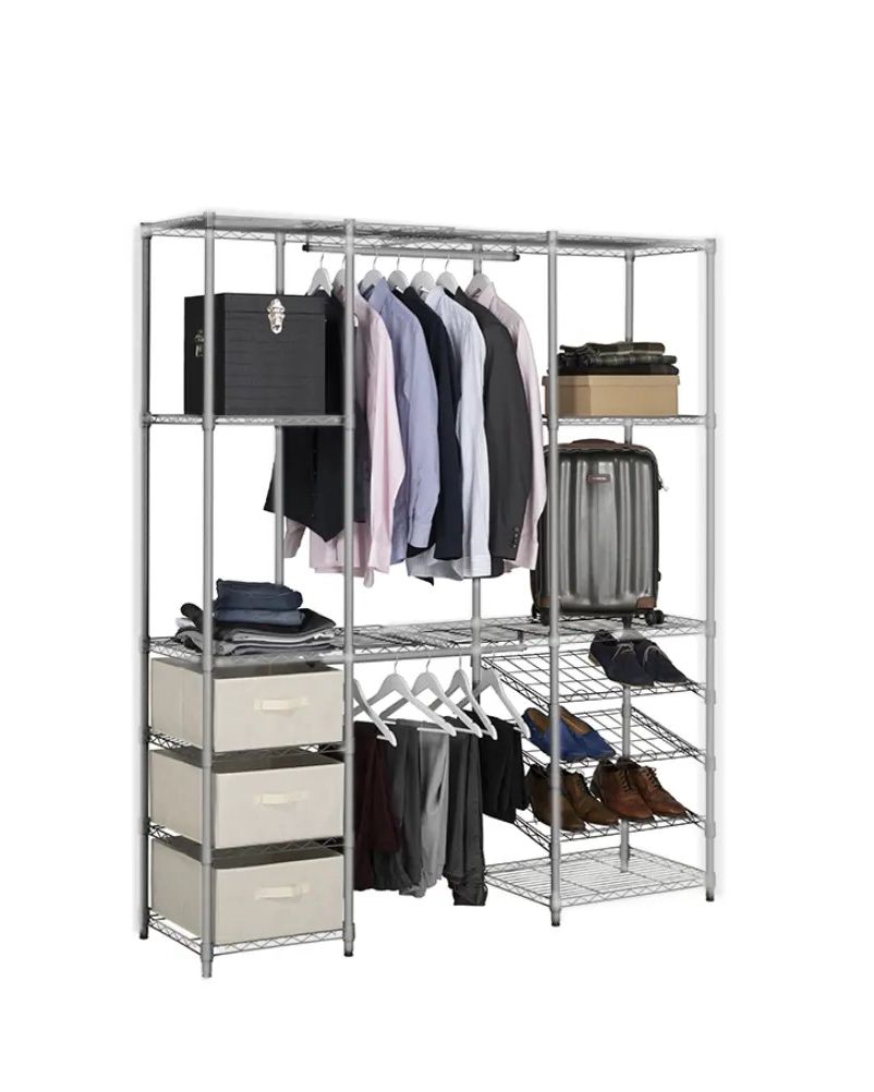 Extendable Chrome Wardrobe Clothes Rail With 3 X Cream Linen Pull Out  Storage | Ebay With Chrome Garment Wardrobes (Gallery 1 of 20)