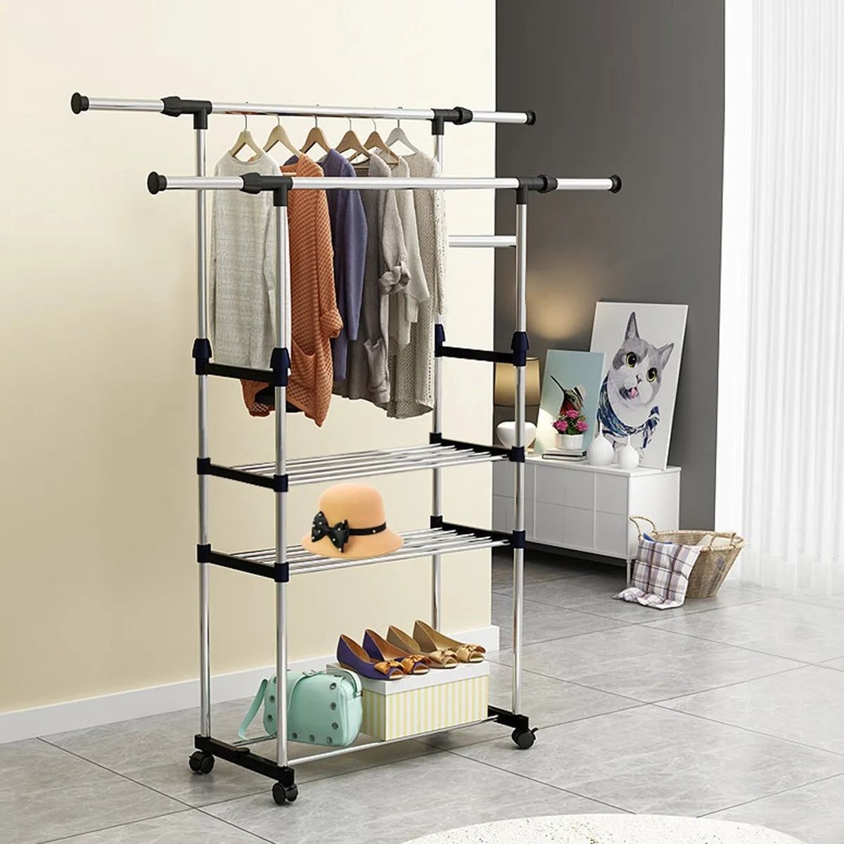 Extendable Clothing Garment Rack Rolling Clothes Organizer Double Rails  Hanging | Ebay Regarding Double Up Wardrobes Rails (View 13 of 20)