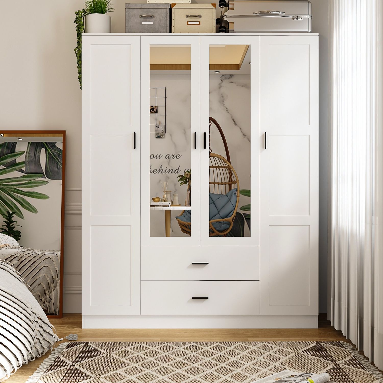 Famapy 62.9"x78.7" Armoire Wardrobes With Mirror Doors Closet Hanging – On  Sale – Bed Bath & Beyond – 36719779 Throughout White 3 Door Wardrobes With Mirror (Gallery 8 of 20)