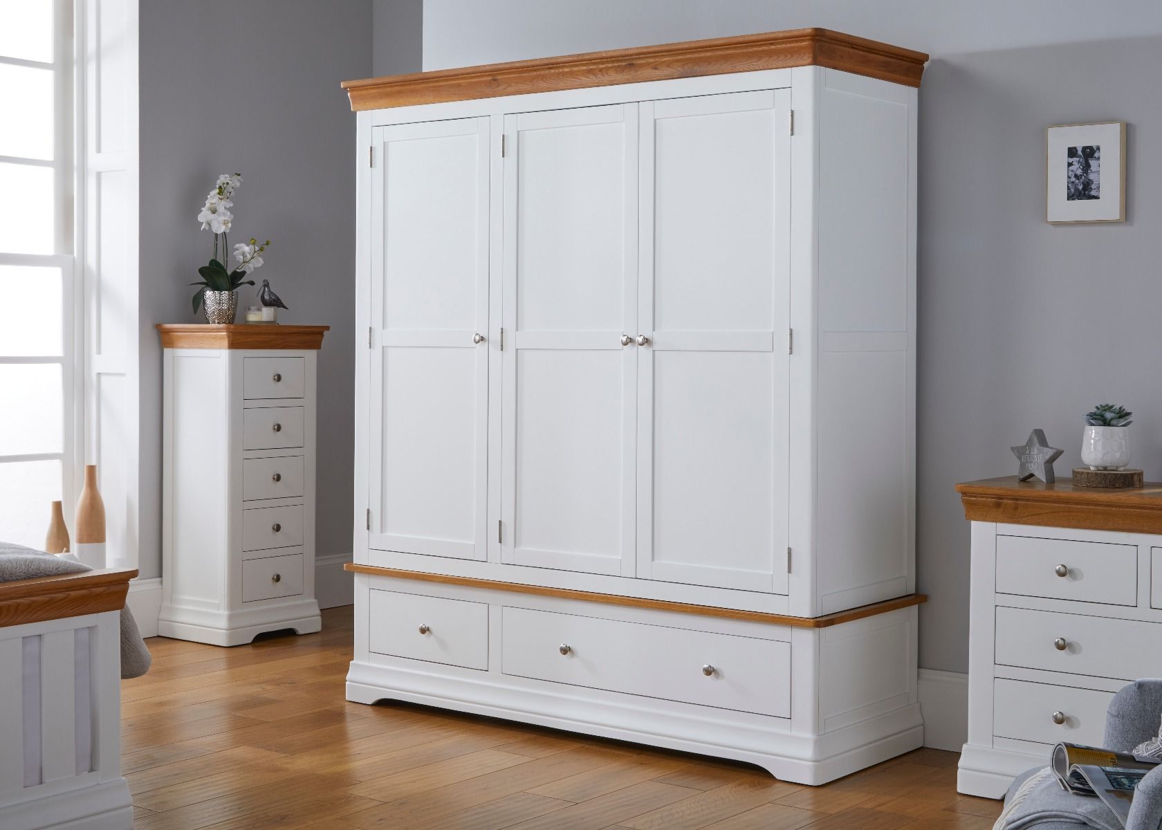 Farmhouse White Painted 3 Door Triple Oak Wardrobe – Free Delivery | Top  Furniture Inside Wardrobes With 3 Drawers (Gallery 8 of 20)