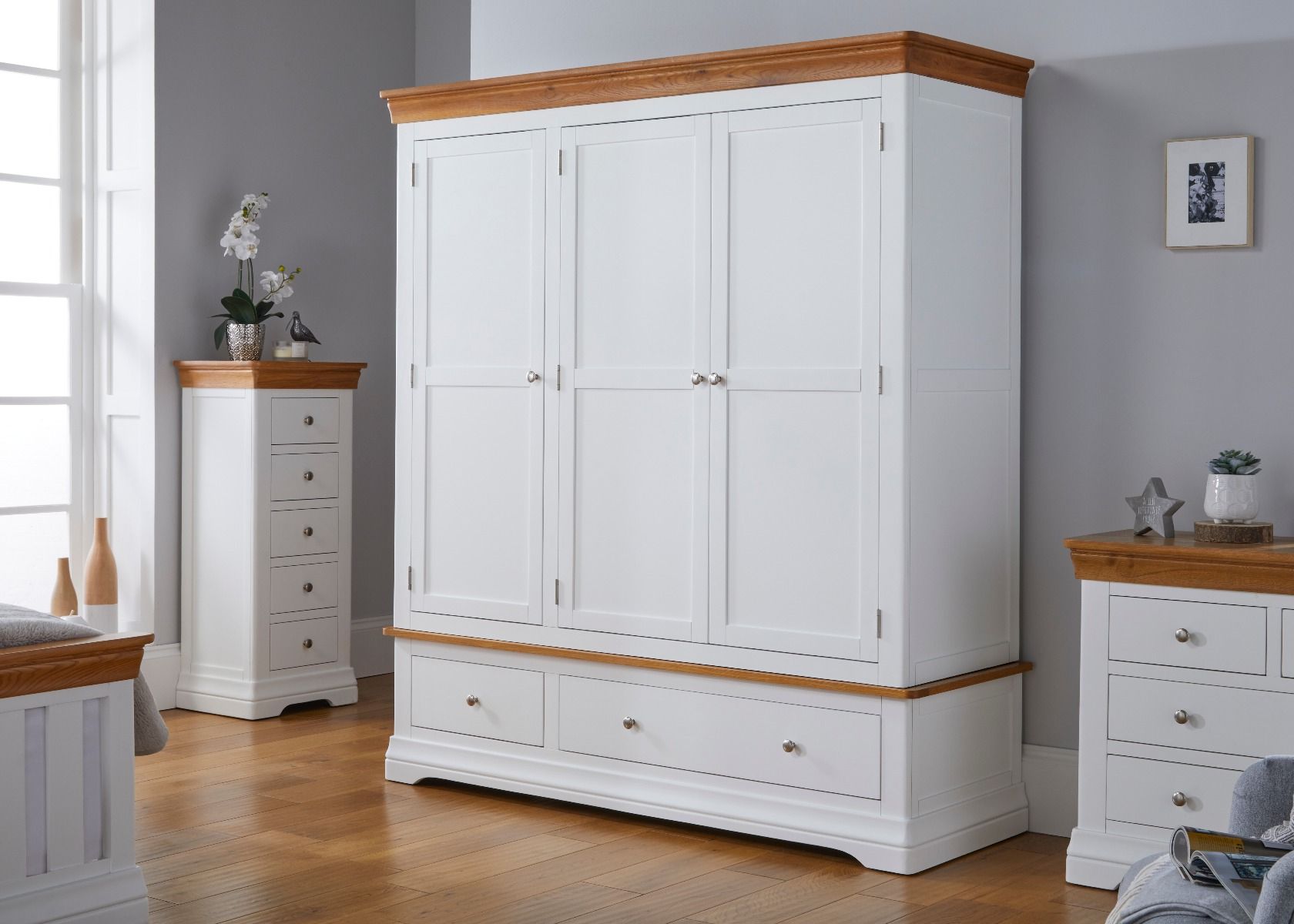 Farmhouse White Painted 3 Door Triple Oak Wardrobe – Free Delivery | Top  Furniture Intended For Single White Wardrobes With Drawers (View 13 of 20)