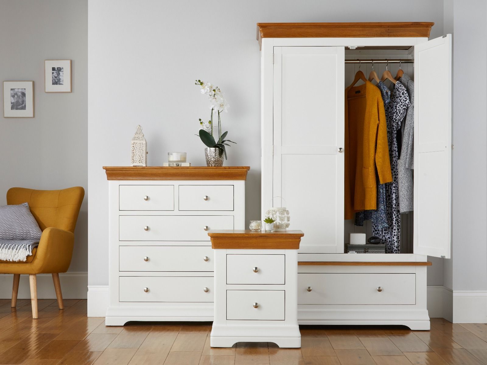 Farmhouse White Painted Oak Bedroom Set, Wardrobe, Chest Of Drawers And  Bedside Table Throughout Wardrobes Sets (View 16 of 21)