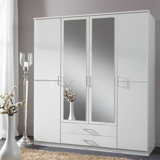 Florence White Wardrobe With Diamante 4 Door 2 Drawer 2 Mirrors | Mirrored  Wardrobe Doors, Mirrored Wardrobe, 4 Door Wardrobe Regarding 4 Door Wardrobes With Mirror And Drawers (Gallery 8 of 20)
