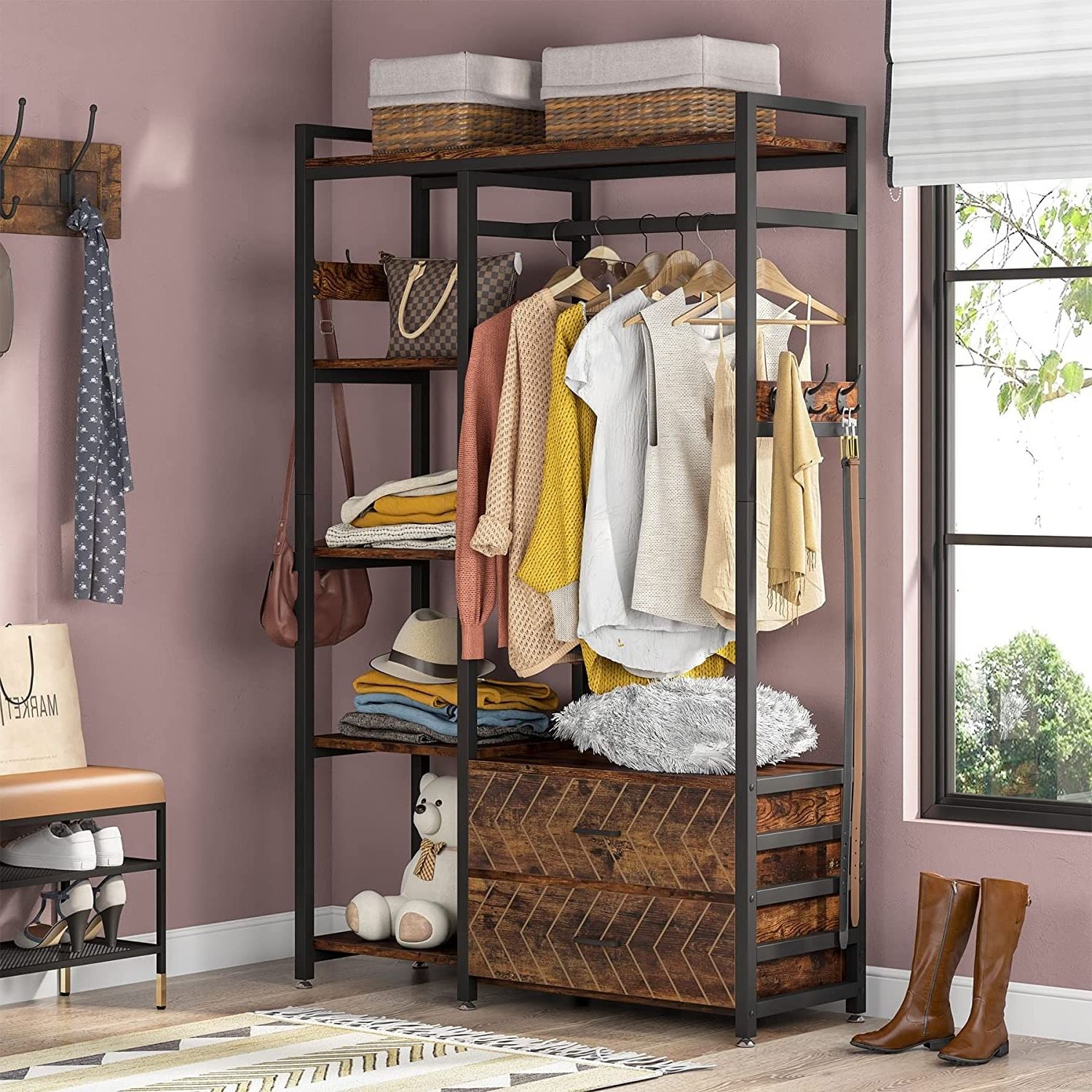 Freestanding Closet Organizer, Clothes Rack With Drawers, Garment Rack  Hanging Clothing Wardrobe Storage Closet For Bedroom – On Sale – Bed Bath &  Beyond – 35877781 With Regard To Wardrobes With Garment Rod (View 18 of 20)