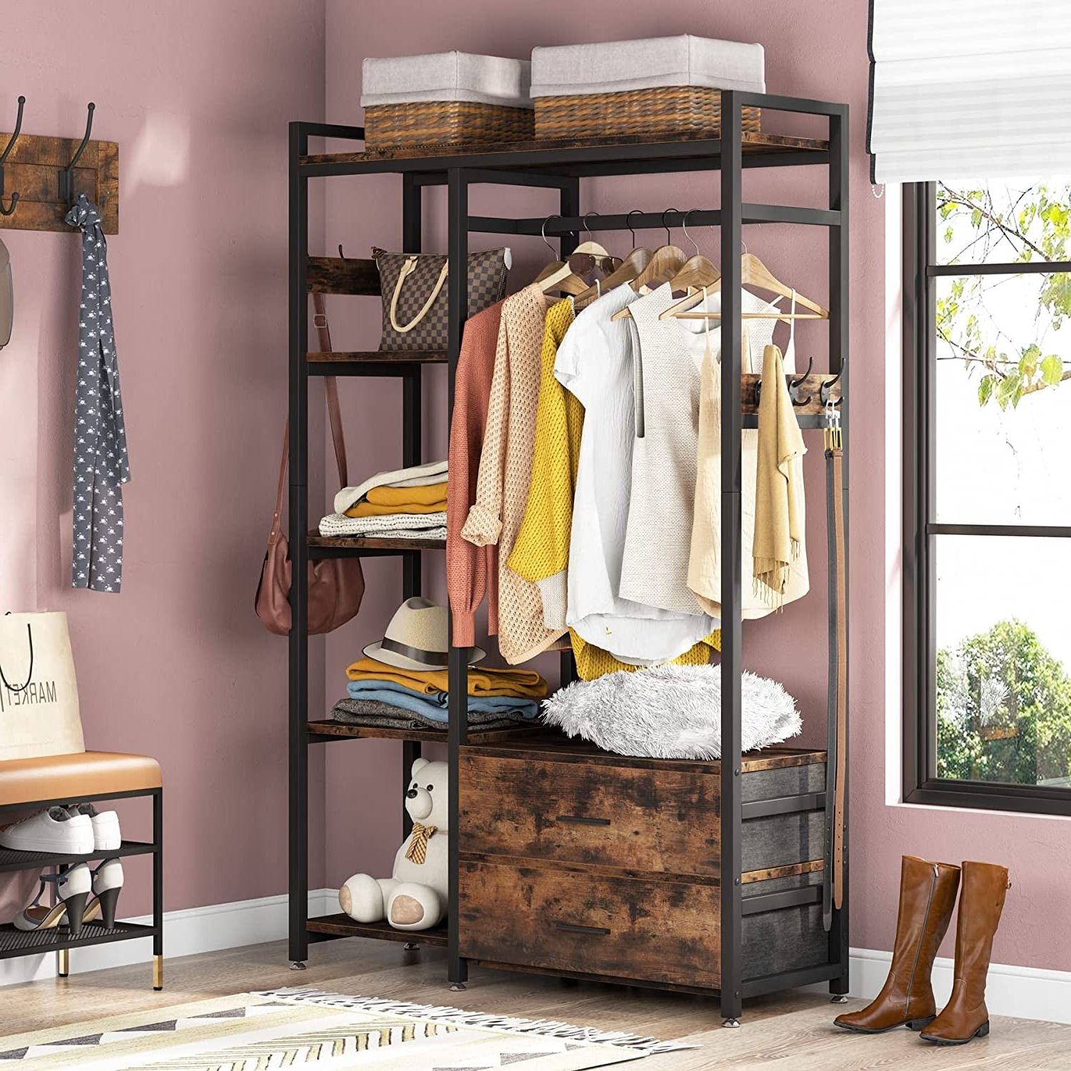 Freestanding Closet Organizer With 2 Drawers, Clothes Shelf Garment Rack  With Shelves And Hanging Rod, Clothing Storage Brown – Bed Bath & Beyond –  36502792 Throughout Standing Closet Clothes Storage Wardrobes (Gallery 6 of 20)