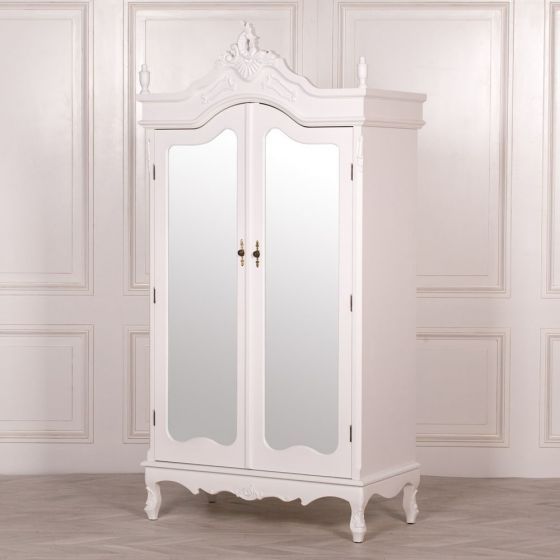 French Antique White Chateau Shabby Chic Mirrored Double Armoire Wardrobe For White Antique Wardrobes (View 10 of 20)
