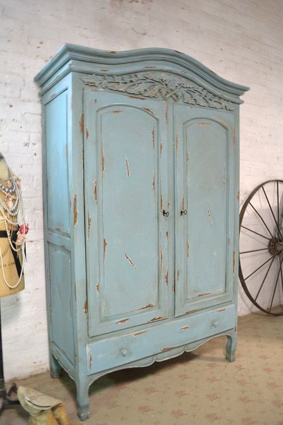 French Armoire Painted Cottage Chic Shabby French Romantic Armoire/ Wardrobe  | Shabby Chic Dresser, Shabby Chic Decor, Chic Furniture Regarding Vintage Shabby Chic Wardrobes (Gallery 11 of 20)