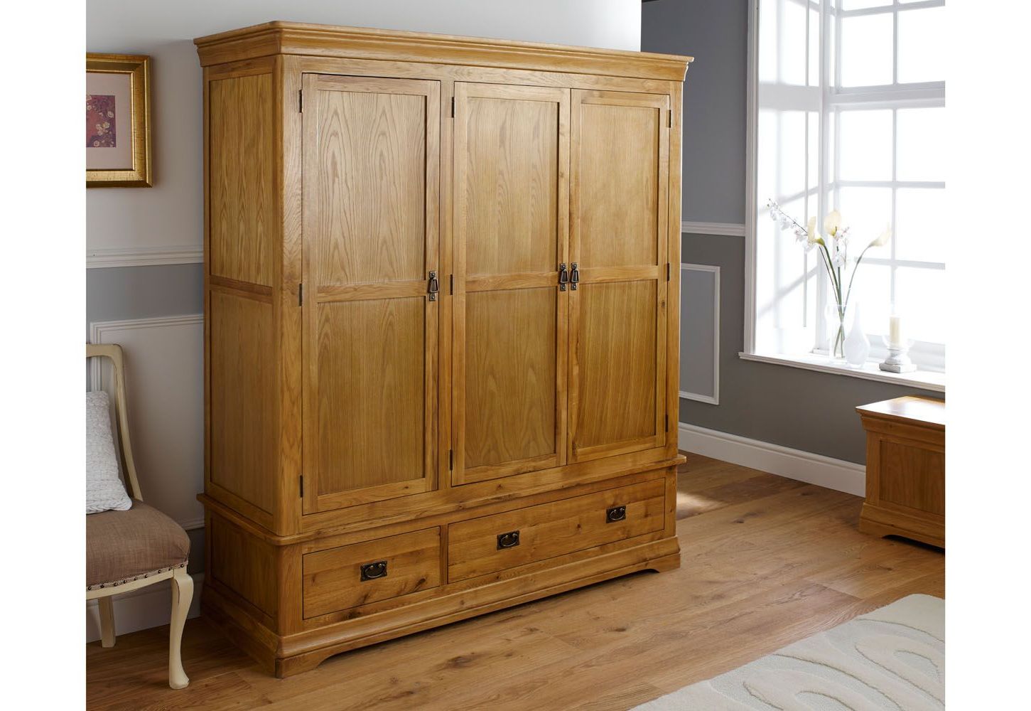 French Farmhouse Large Triple Oak Wardrobe – Free Delivery | Top Furniture Pertaining To Large Wooden Wardrobes (View 3 of 20)