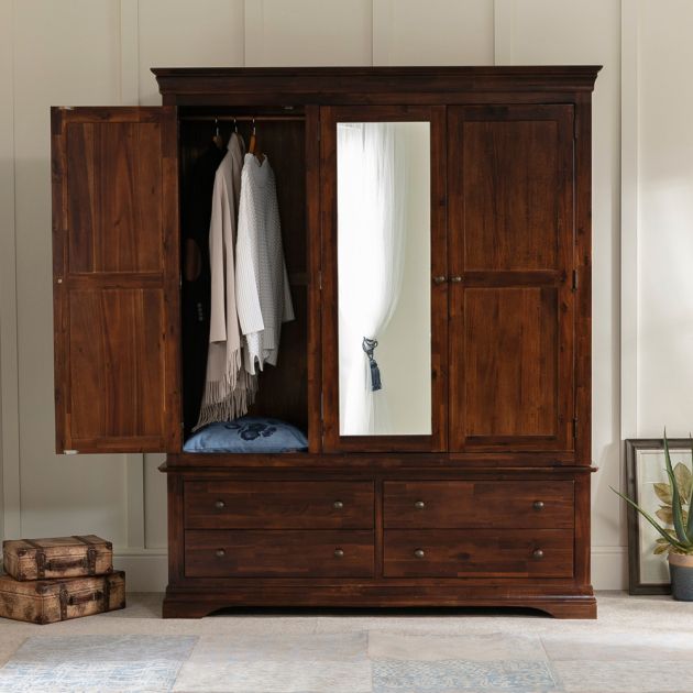 French Hardwood Mahogany Stained 3 Door Triple Wardrobe With Mirror | The  Furniture Market Inside 3 Door French Wardrobes (View 18 of 20)