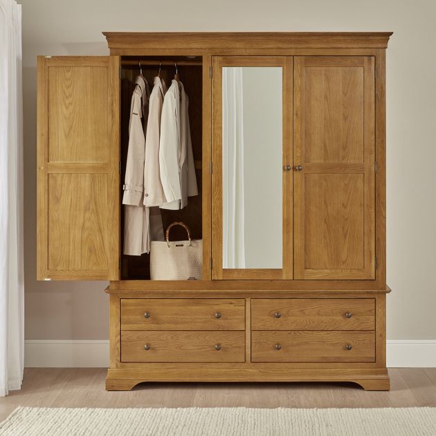 French Louis Oak 3 Door Triple Wardrobe With Mirror And 4 Drawers | The  Furniture Market In Single Oak Wardrobes With Drawers (Gallery 17 of 20)