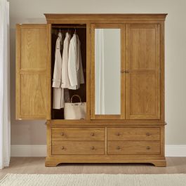 French Louis Oak 3 Door Triple Wardrobe With Mirror And 4 Drawers | The  Furniture Market Pertaining To Oak Mirrored Wardrobes (View 9 of 20)