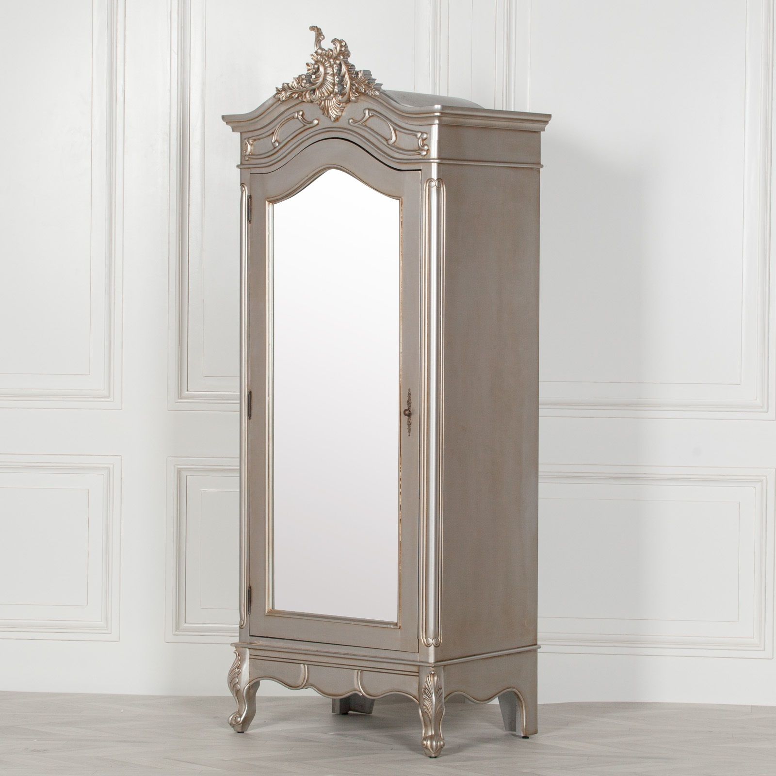French Style Antique Silver Armoire Wardrobe Mirror Door Intended For Single French Wardrobes (View 14 of 20)