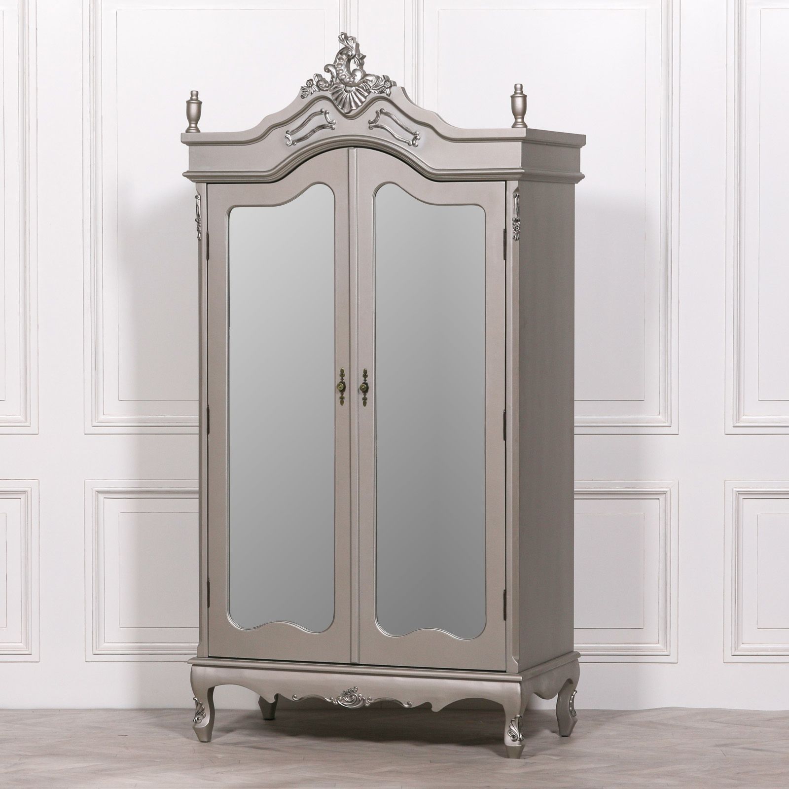 French Style Double Armoire Silver Wardrobe Mirrored Doors Regarding Silver French Wardrobes (View 5 of 20)