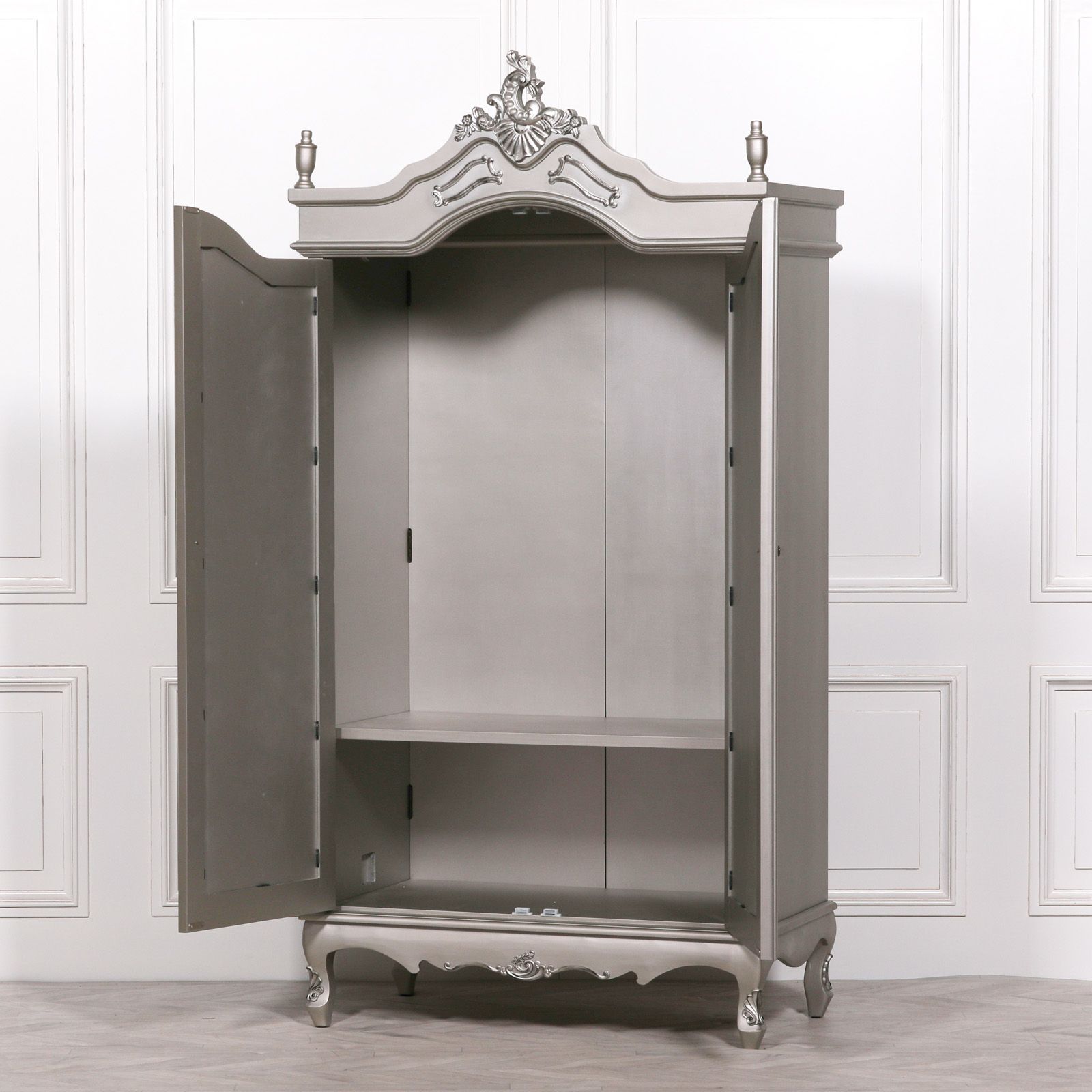 French Style Double Armoire Silver Wardrobe Mirrored Doors With Regard To Silver French Wardrobes (View 6 of 20)