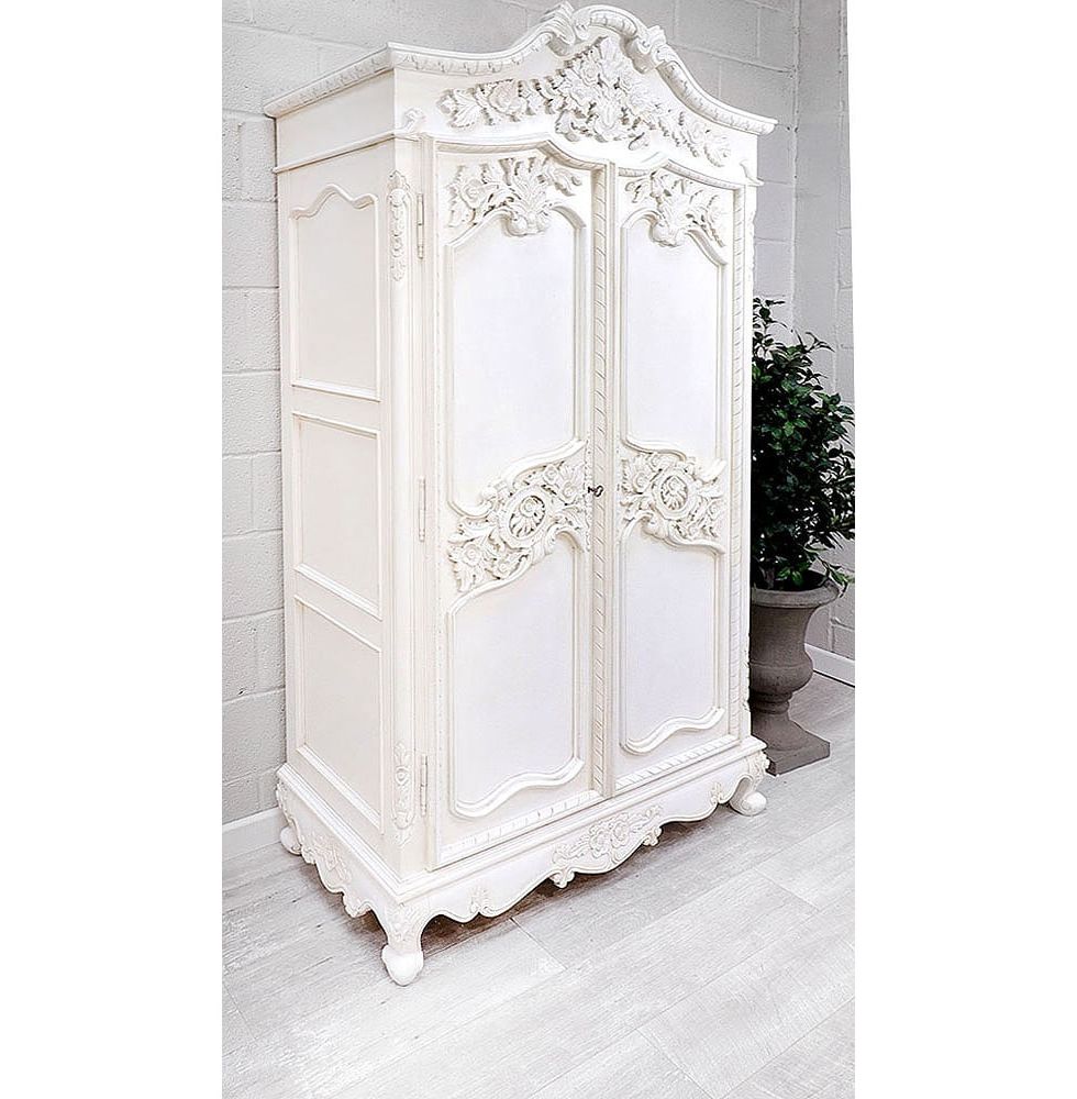 French Style White Heavy Carved Armoire Wardrobe | Nicky Cornell Inside Black French Style Wardrobes (Gallery 14 of 20)