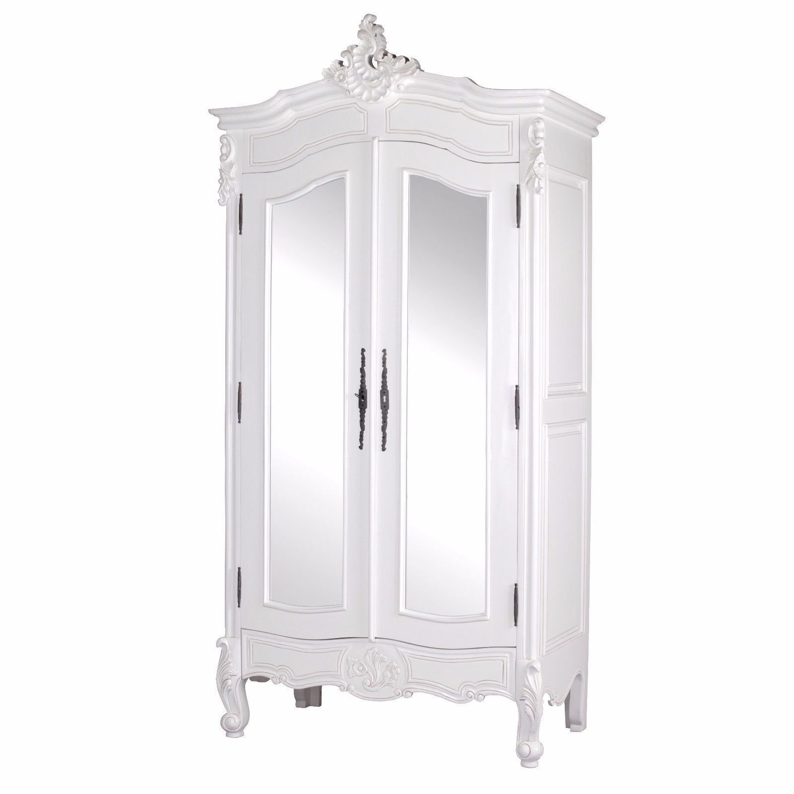 French White Hand Carved Full Mirror Double Armoire – Love Home Living Throughout French Wardrobes (Gallery 20 of 20)