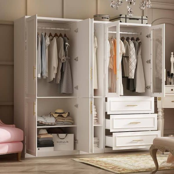 Fufu&gaga 3 Combination White Wood 79.1 In. W 8 Door Big Armoires With  Hanging Rods, Drawers, Shelves 74.8 In. H X 19.3 In. D Kf020365,366,367 –  The Home Depot Inside Wardrobes And Drawers Combo (Gallery 10 of 20)