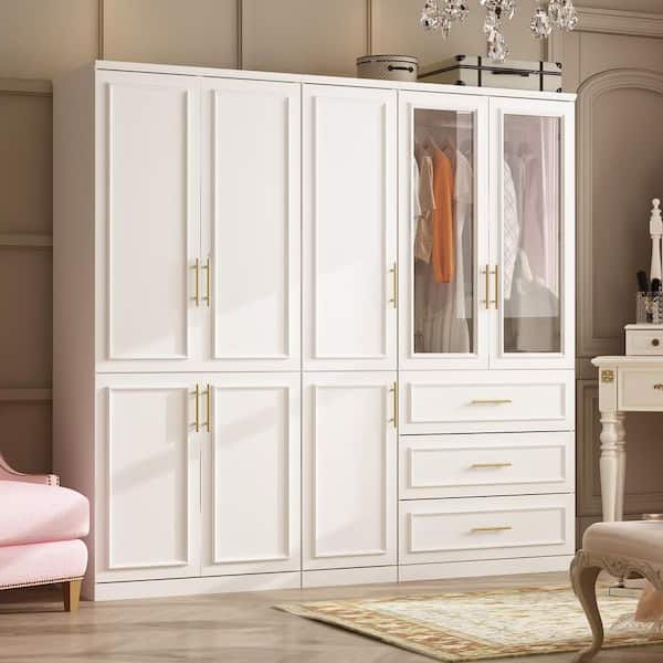 Fufu&gaga 3 Combination White Wood 79.1 In. W 8 Door Big Armoires With  Hanging Rods, Drawers, Shelves 74.8 In. H X 19.3 In (View 8 of 20)