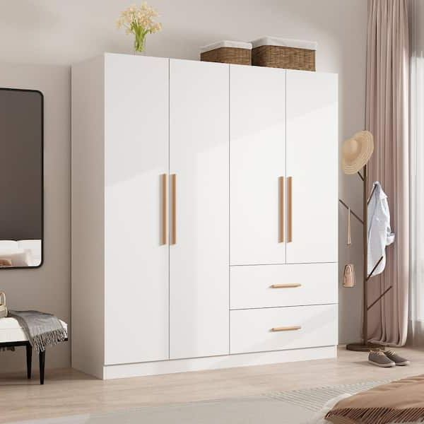 Fufu&gaga 70.9 In. H X 19.5 In. D White 63 In. W 4 Door Big Wardrobe  Armoires With Hanging Rods, Drawers And Storage Shelves Kf210109 078 – The  Home Depot Inside Wardrobes With 4 Doors (Gallery 15 of 20)