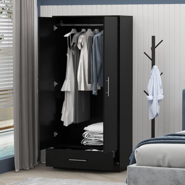 Fufu&gaga Black 2 Door Wardrobe Armoire With 1 Drawers And Hanging Rod 66.9  In. H X 31.5 In. W X 18.9 In (View 15 of 20)