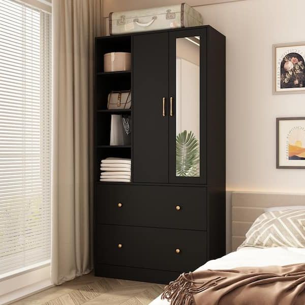 Fufu&gaga Black Wood 35.5 In. W Armoires Wardrobe With Mirror, Pulling  Hanging Rod, Drawers, Shelves 15.8 In. D X 70.8 In (View 13 of 20)