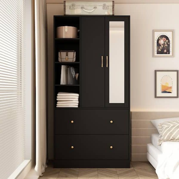 Fufu&gaga Black Wood 35.5 In. W Armoires Wardrobe With Mirror, Pulling  Hanging Rod, Drawers, Shelves 15.8 In. D X 70.8 In. H Kf020269 02 – The  Home Depot In Dark Wood Wardrobes With Drawers (Gallery 11 of 20)