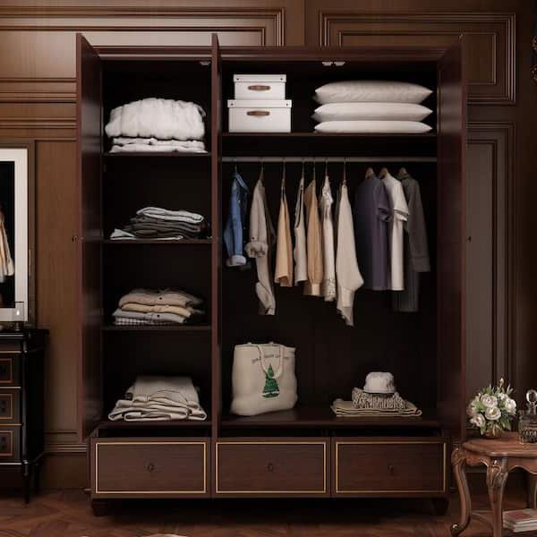 Fufu&gaga Brown 3 Door Big Wardrobe Armoires With Hanging Rod 3 Drawers  Storage Shelves (78.7 In. H X 63 In. W X 18.9 In (View 15 of 20)