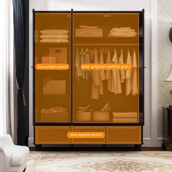 Fufu&gaga Brown 3 Door Big Wardrobe Armoires With Hanging Rod 3 Drawers  Storage Shelves (78.7 In. H X 63 In. W X 18.9 In (View 12 of 20)