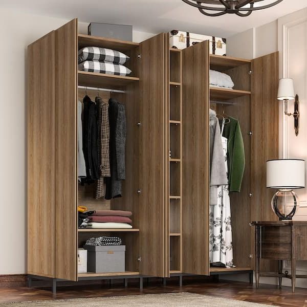 Fufu&gaga Brown Wodoen 82.7 In. Width Large Wall Wide Wardrobe, Armoire  With Mirrored Door, 2 Hanging Rods And 11 Shelves L Thd 200211 01 Ltl – The  Home Depot In Large Wooden Wardrobes (Gallery 17 of 20)