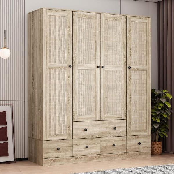 Fufu&gaga Brown Wood Grain 59 In. W Rattan Doors Design Armoires Wardrobe  With 5 Drawers, 2 Hanging Rods (70.8 In. H X 18.8 In. D) Kf260090 012 – The  Home Depot For Cheap Wooden Wardrobes (Gallery 6 of 20)