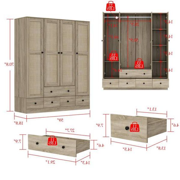 Fufu&gaga Brown Wood Grain 59 In. W Rattan Doors Design Armoires Wardrobe  With 5 Drawers, 2 Hanging Rods (70.8 In. H X 18.8 In (View 7 of 20)