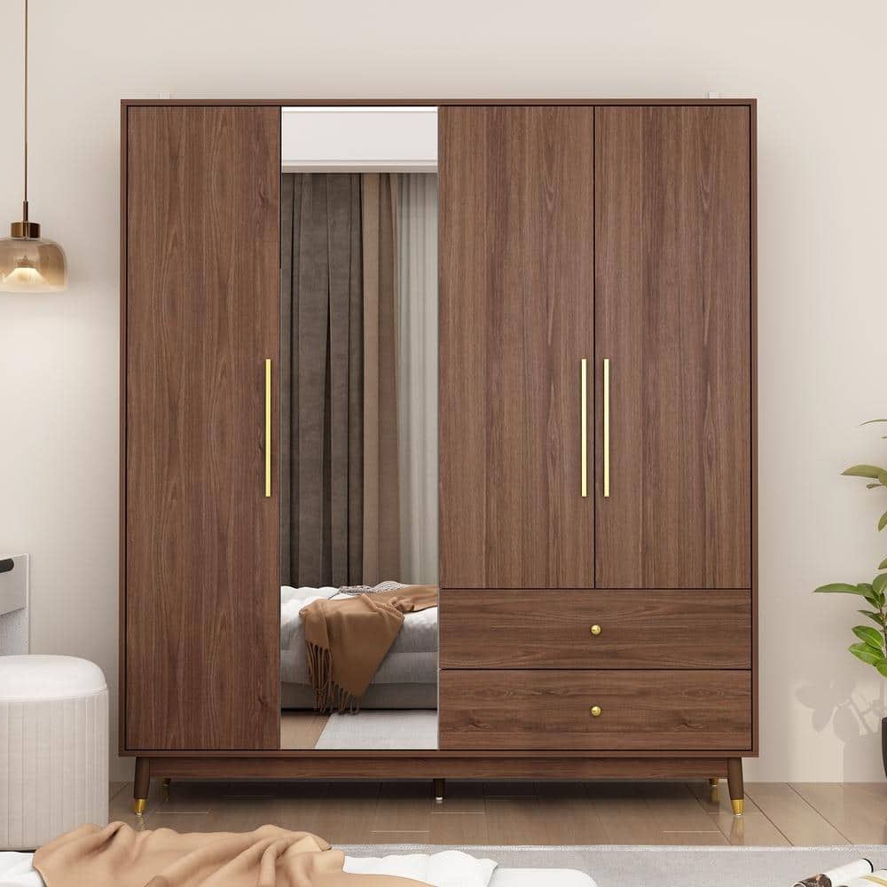 Fufu&gaga Brown Wood Grain Mdf Wood Board 63 In. Width Armoire Wardrobe  With Mirrored Door, Hanging, Shelves And Drawers Kf020343 03+04 – The Home  Depot With Regard To Mirrored Wardrobes With Drawers (Gallery 9 of 20)