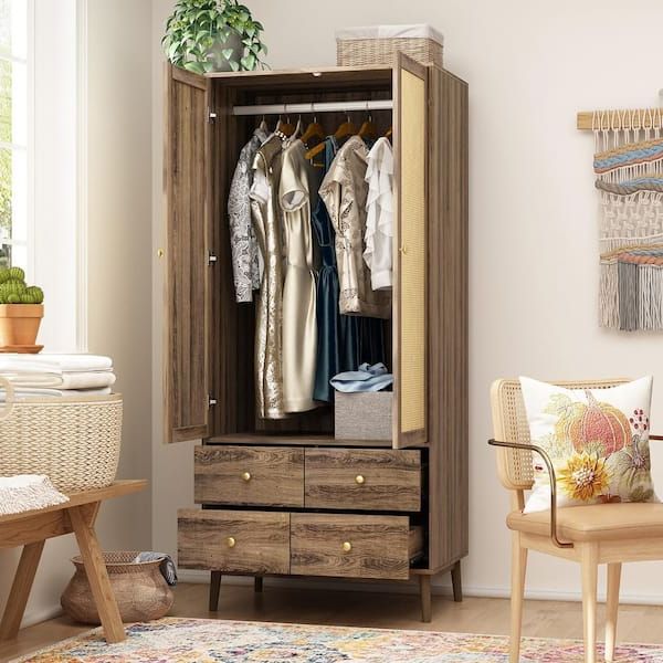 Fufu&gaga Brown Woven 2 Doors 31.4 In. W Armoire Wood Wardrobe With Hanging  Rods, 4 Drawers (19.6 In. D X 70.8 In. H) Kf020381 01 – The Home Depot In Cheap Wooden Wardrobes (Gallery 20 of 20)