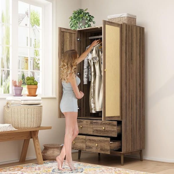 Fufu&gaga Brown Woven 2 Doors 31.4 In. W Armoire Wood Wardrobe With Hanging  Rods, 4 Drawers (19.6 In. D X 70.8 In. H) Kf020381 01 – The Home Depot Intended For Cheap Wood Wardrobes (Gallery 14 of 20)