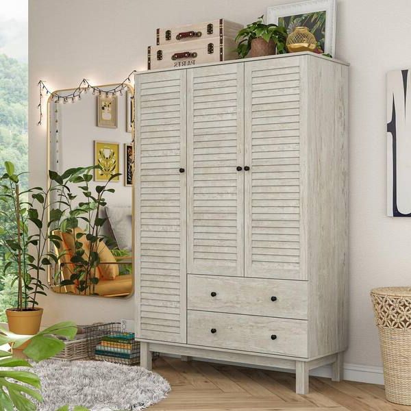 Fufu&gaga Gray Wooden 48 In. W 3 Louvered Doors Armoires With Hanging Rod,  2 Drawers And Storage Shelves(20.2 In. D X 71 In (View 12 of 20)