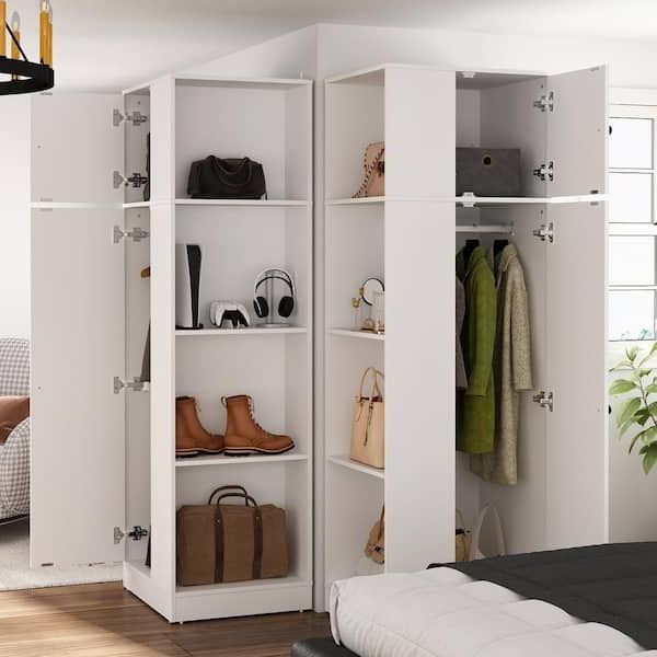 Fufu&gaga One Piece White Wood 23.6 In. W Small Armoires Corner Wardrobe  With Side Open Shelves, Hanging Rod (19.7 In (View 7 of 20)